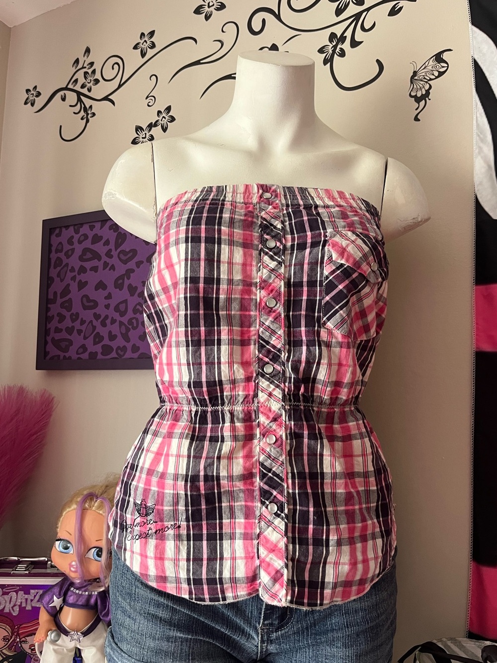 Only Pink and Black Plaid Strapless Button-Front Camisole